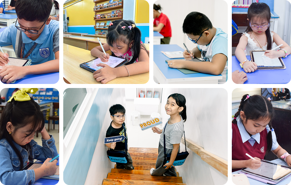 KUMON CONNECT app, online enrollment, digital parent communications, child looking confidently toward the future